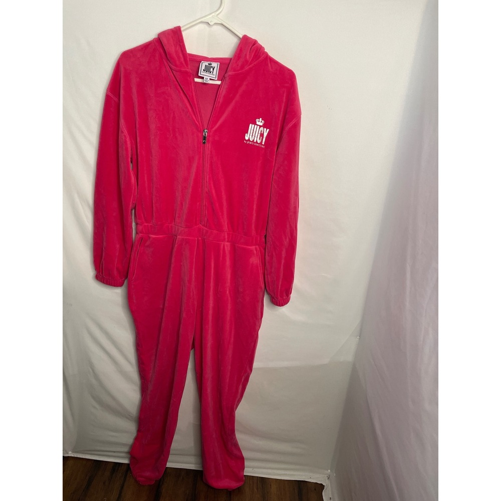 Juicy by Juicy Couture Pink Velour Hooded Jumpsuit Silver Logo Medium
